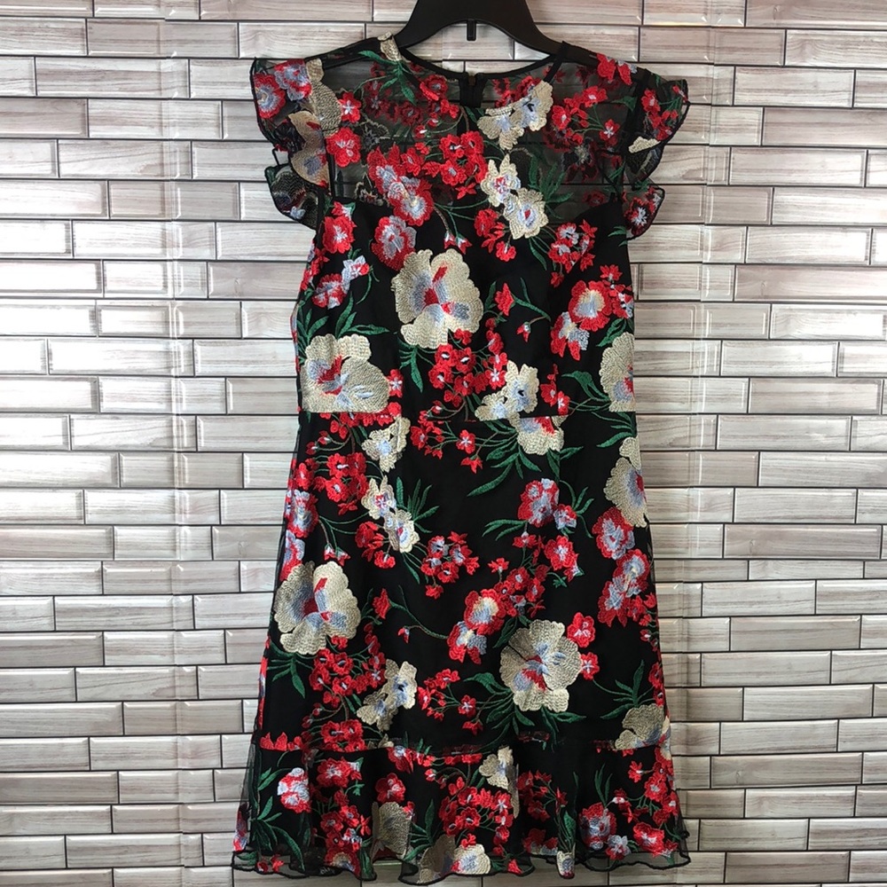 Donna Morgan Black Floral Embroidered Midi Dress with Red and Cream Blooms